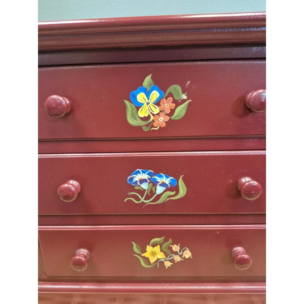 Rosemaling Style Hand Painted Floral 3 Drawer Wood Chest Folk Art Nordic Decor
